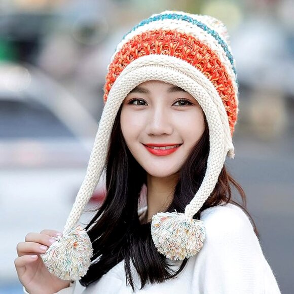 Cute Warm Knitted Striped With Pompoms Fleece Lined • Ski Hat - Picture 3 of 5